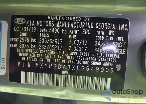 2020 Kia Sorento 2.4L Lx z USA, uszkodzony, nr VIN 5XYPGDA3XLG649006